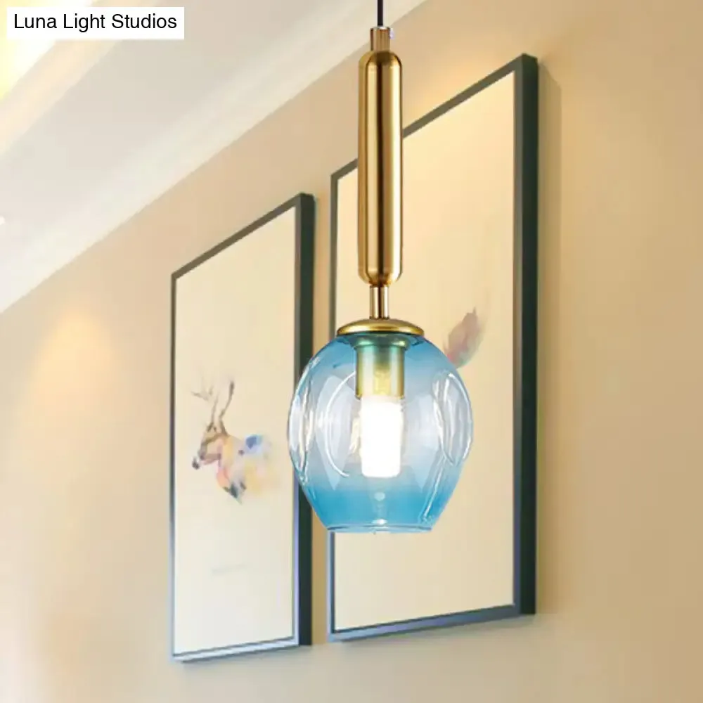 Modernist Pendant Lamp Fixture - Tulip Bedside Hanging Lighting in Blue/Smoke Gray Dimpled Glass, Black/Gold