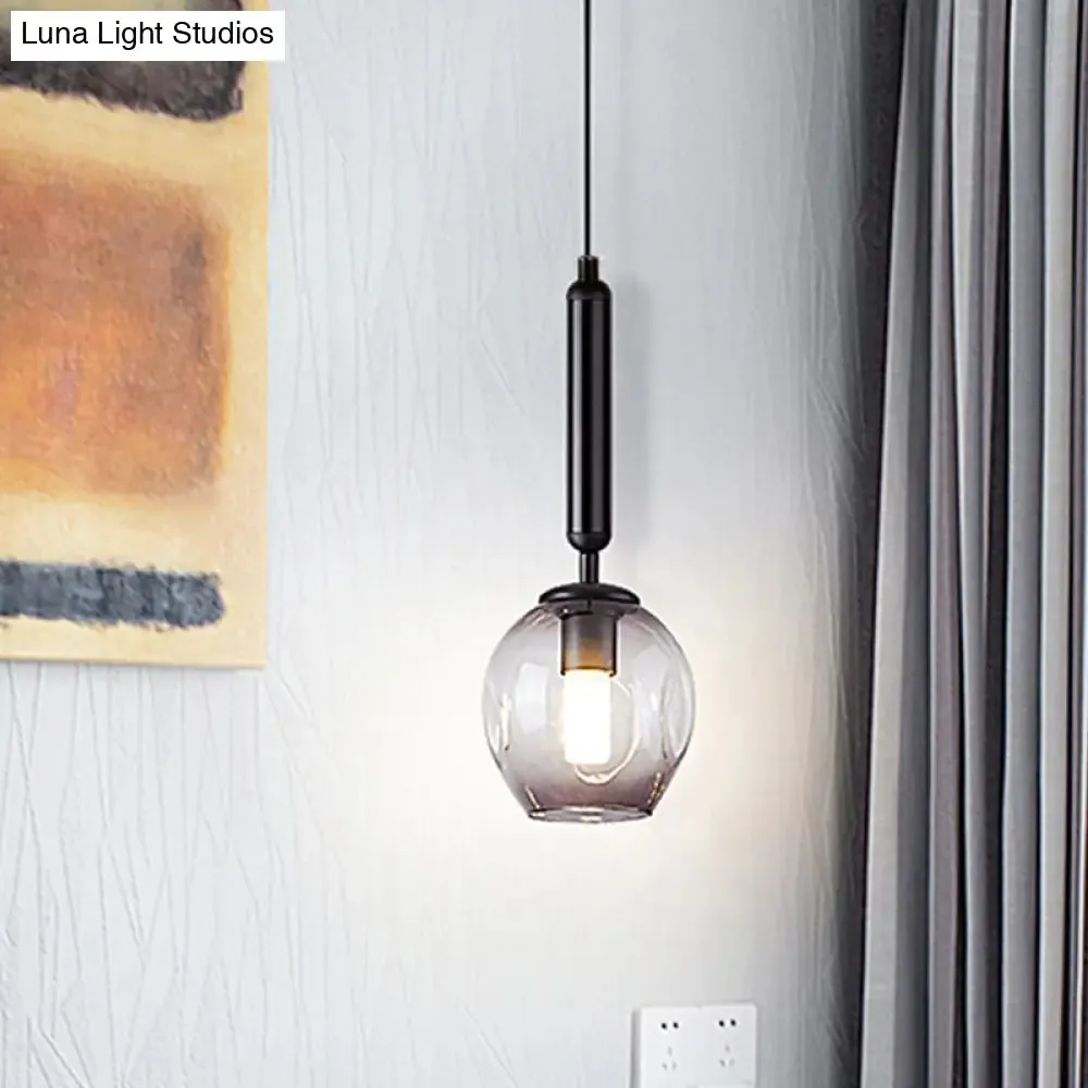 Modernist Pendant Lamp Fixture - Tulip Bedside Hanging Lighting in Blue/Smoke Gray Dimpled Glass, Black/Gold