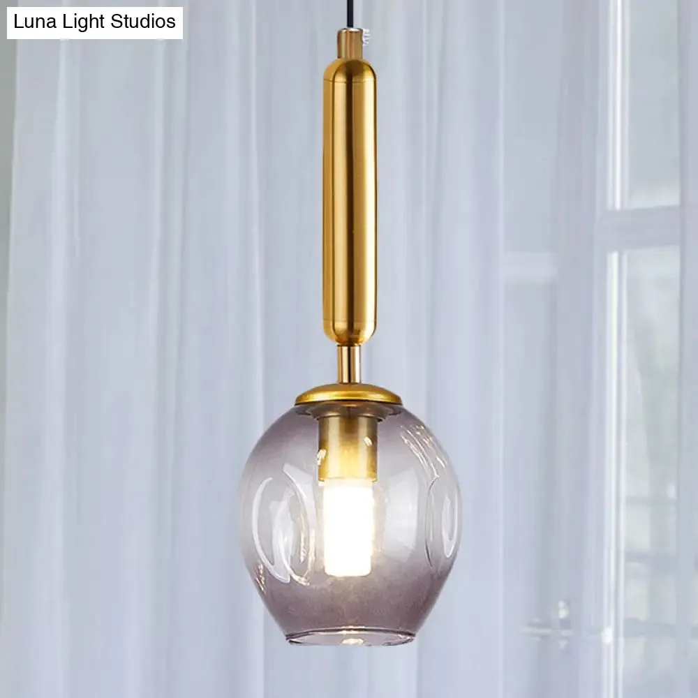 Modernist Pendant Lamp Fixture - Tulip Bedside Hanging Lighting in Blue/Smoke Gray Dimpled Glass, Black/Gold