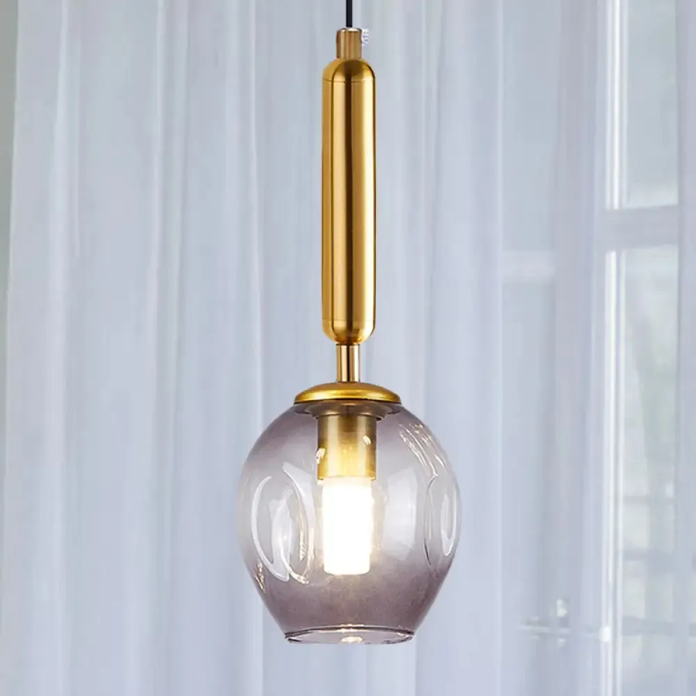 Modernist Pendant Lamp Fixture - Tulip Bedside Hanging Lighting in Blue/Smoke Gray Dimpled Glass, Black/Gold