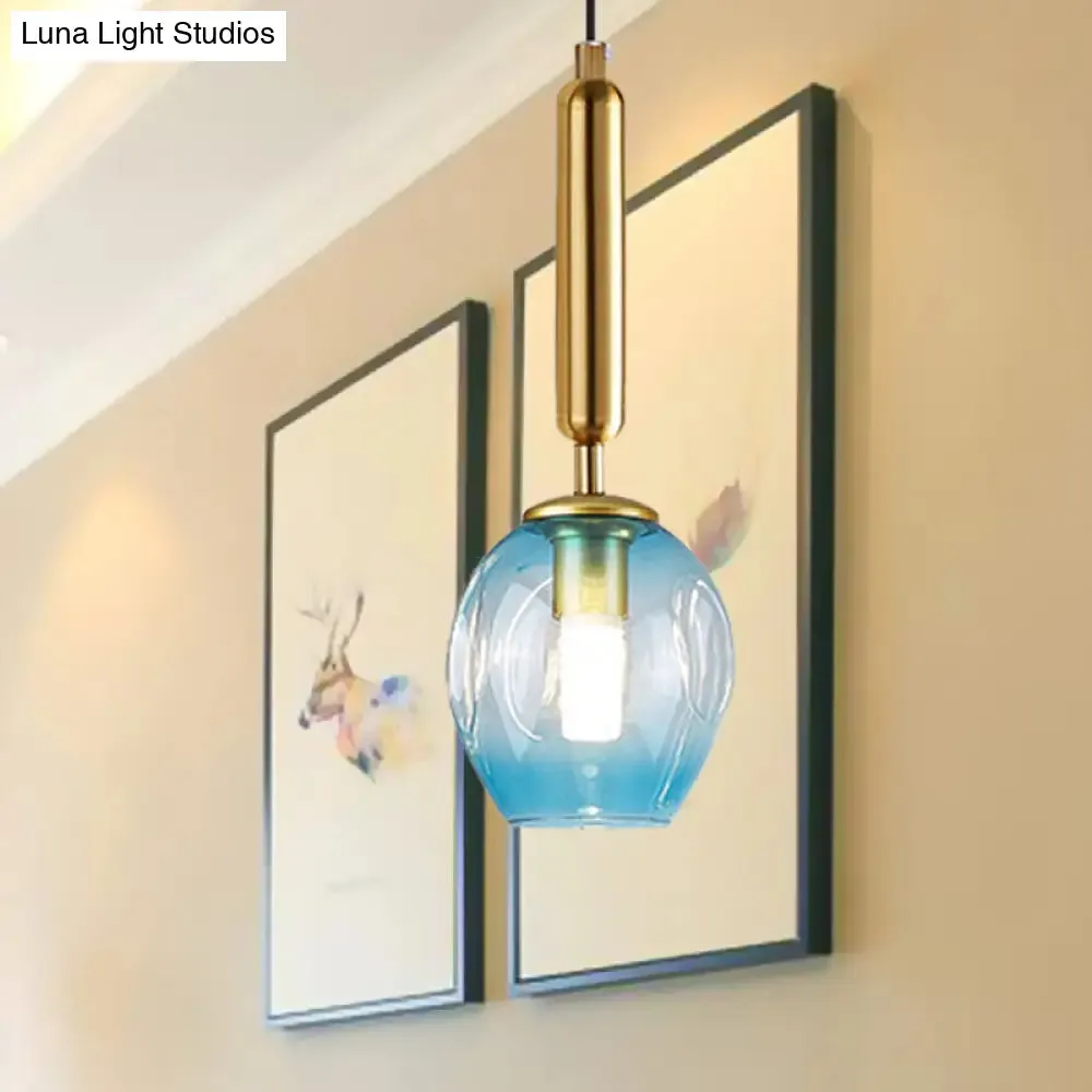 Modernist Pendant Lamp Fixture - Tulip Bedside Hanging Lighting in Blue/Smoke Gray Dimpled Glass, Black/Gold