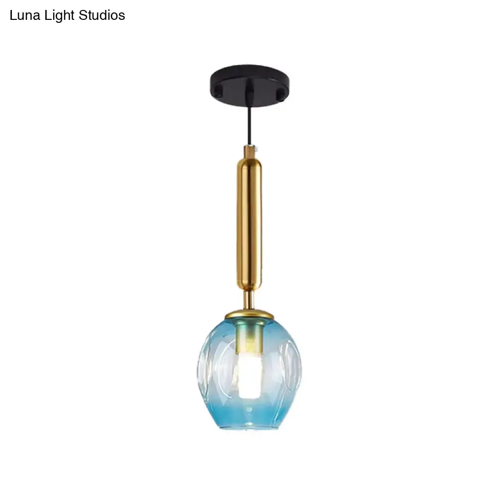 Modernist Pendant Lamp Fixture - Tulip Bedside Hanging Lighting in Blue/Smoke Gray Dimpled Glass, Black/Gold