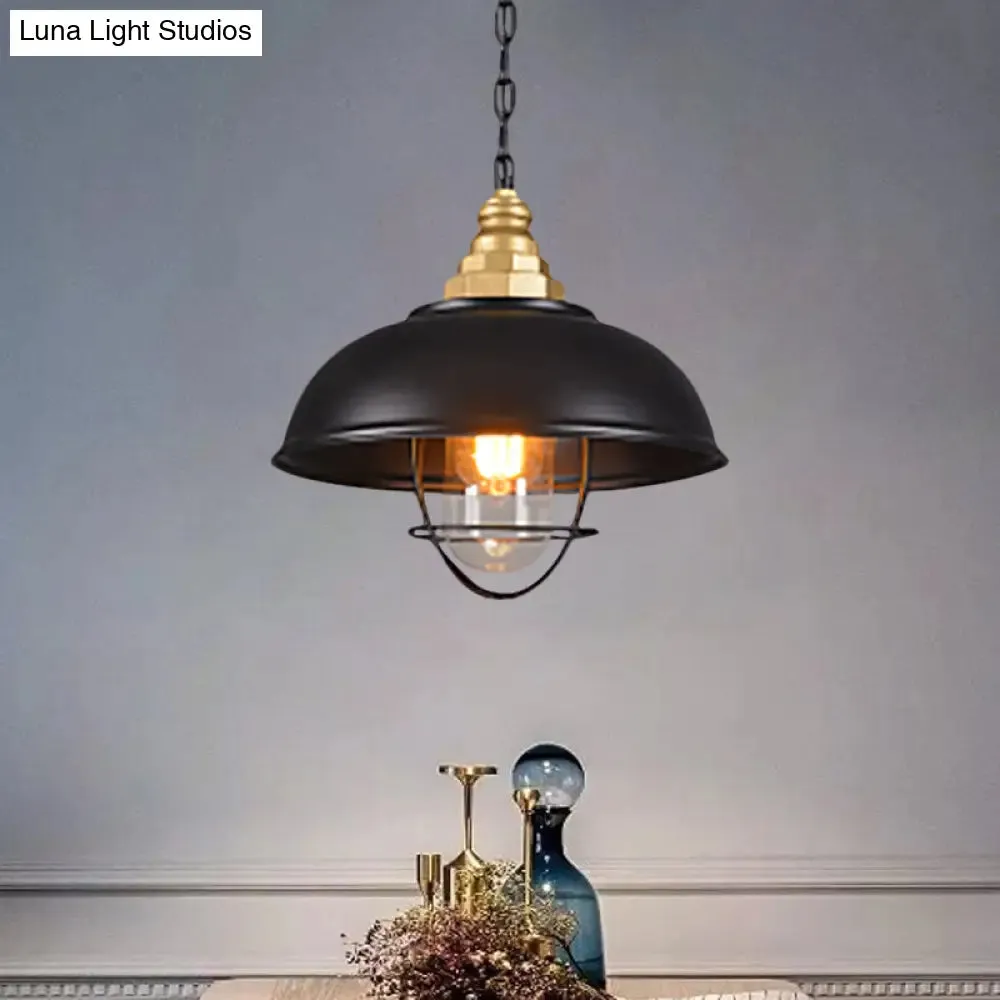 Nautical Black Bowl Suspension Lamp with Metallic Wire Cage - Perfect for Restaurant Ceilings