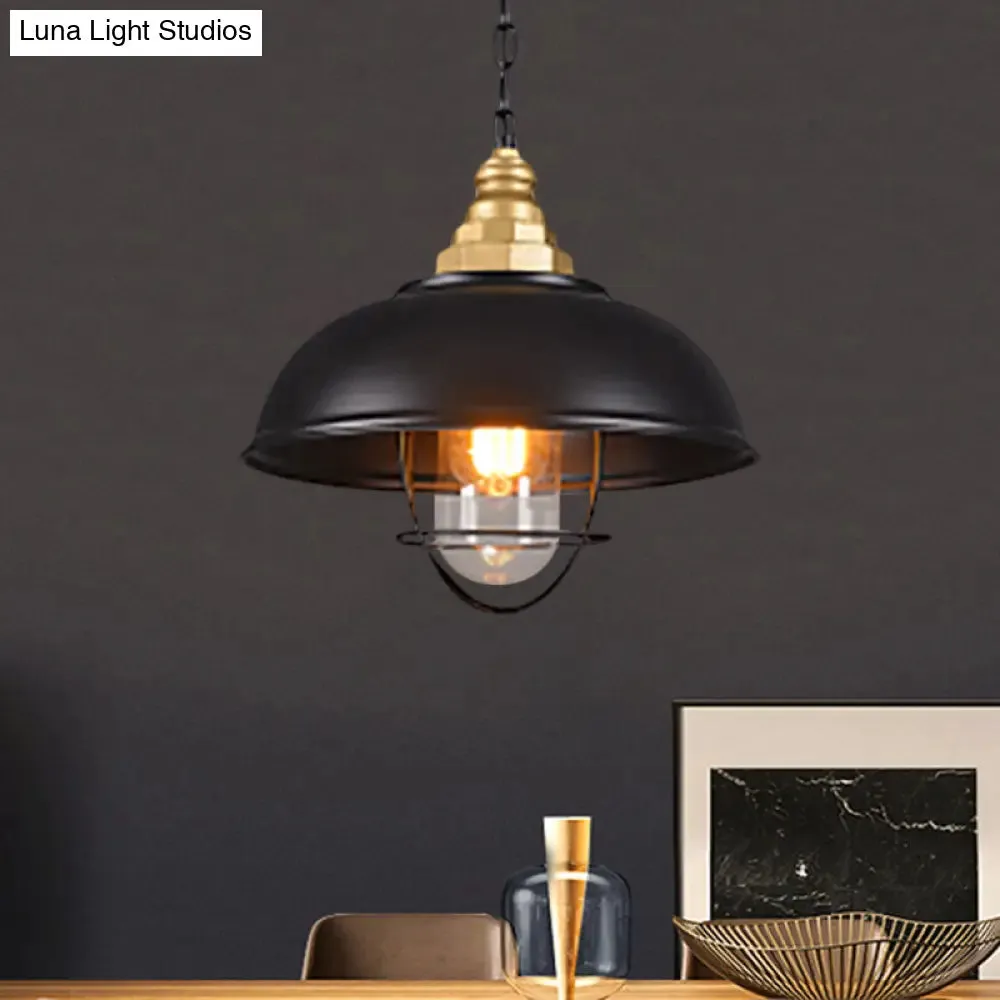 Nautical Black Bowl Suspension Lamp with Metallic Wire Cage - Perfect for Restaurant Ceilings