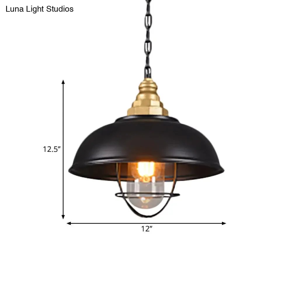 Nautical Black Bowl Suspension Lamp with Metallic Wire Cage - Perfect for Restaurant Ceilings