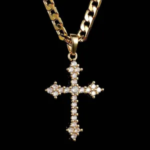 New Gold Crystal Cross Pendant 22 Inch 6mm Cuban Chain