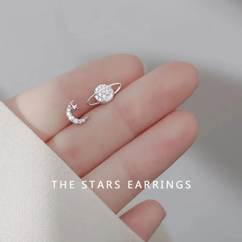 New Silver Plated Female Earrings Asymmetric Cute Space Astronaut Planet Opal Stud Earrings for Women Ear Piercing Jewelry