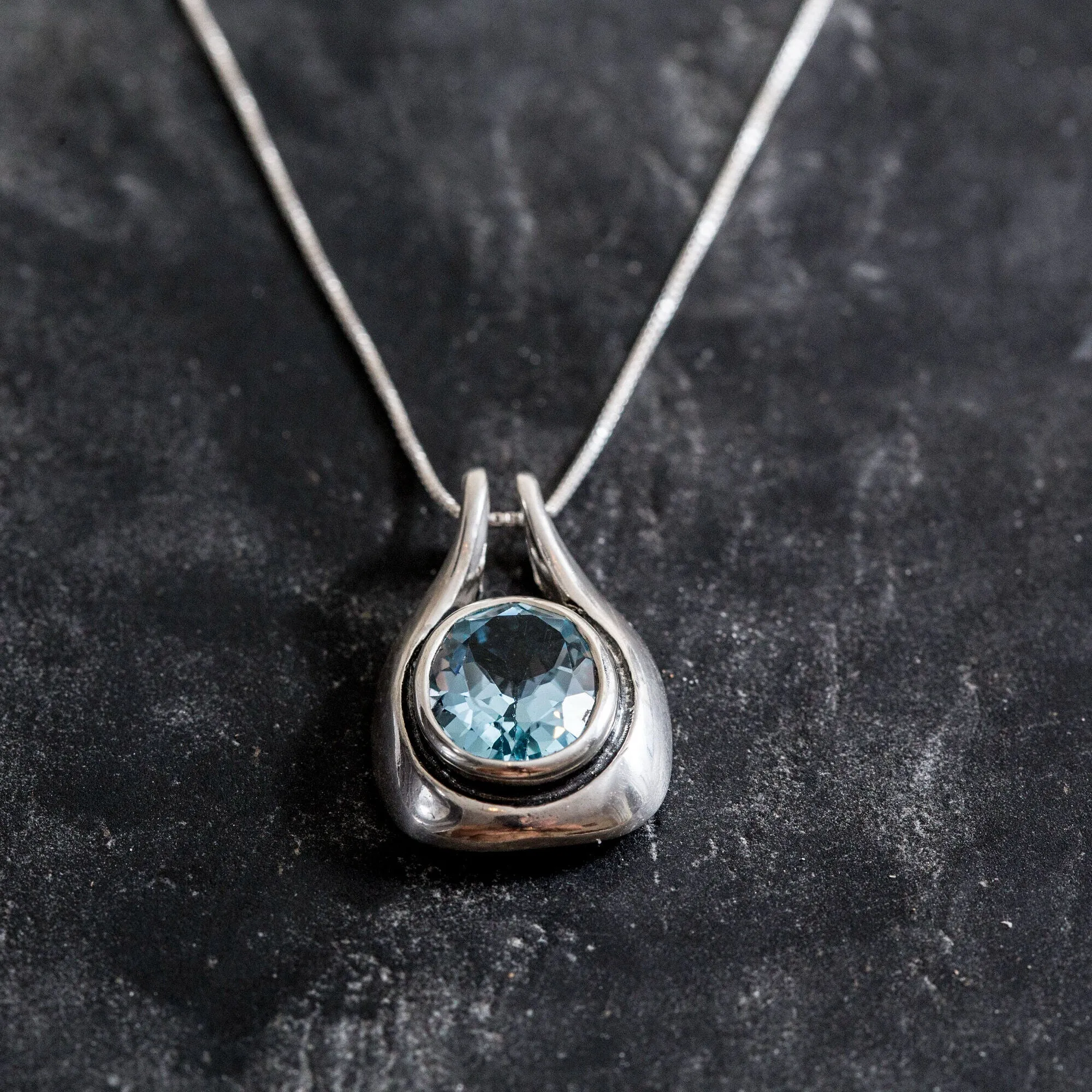 Oval Topaz Pendant - Real Blue Topaz Necklace - Sky Blue Vintage Necklace