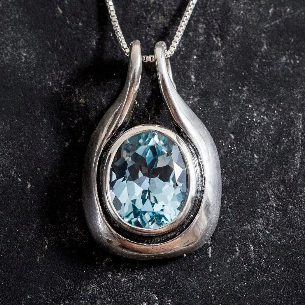 Oval Topaz Pendant - Real Blue Topaz Necklace - Sky Blue Vintage Necklace