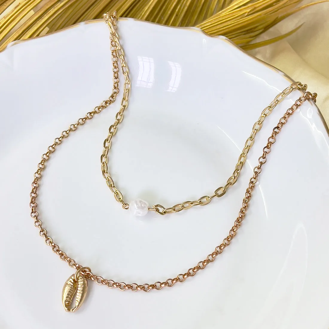 Pearl & Shell Pendants Chain Link Gold-Toned Necklace