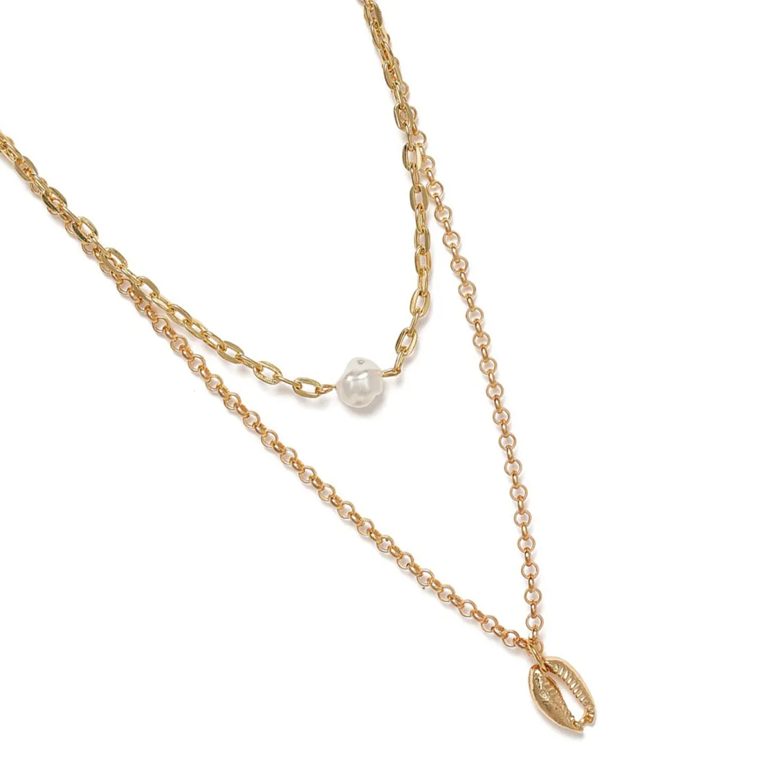 Pearl & Shell Pendants Chain Link Gold-Toned Necklace