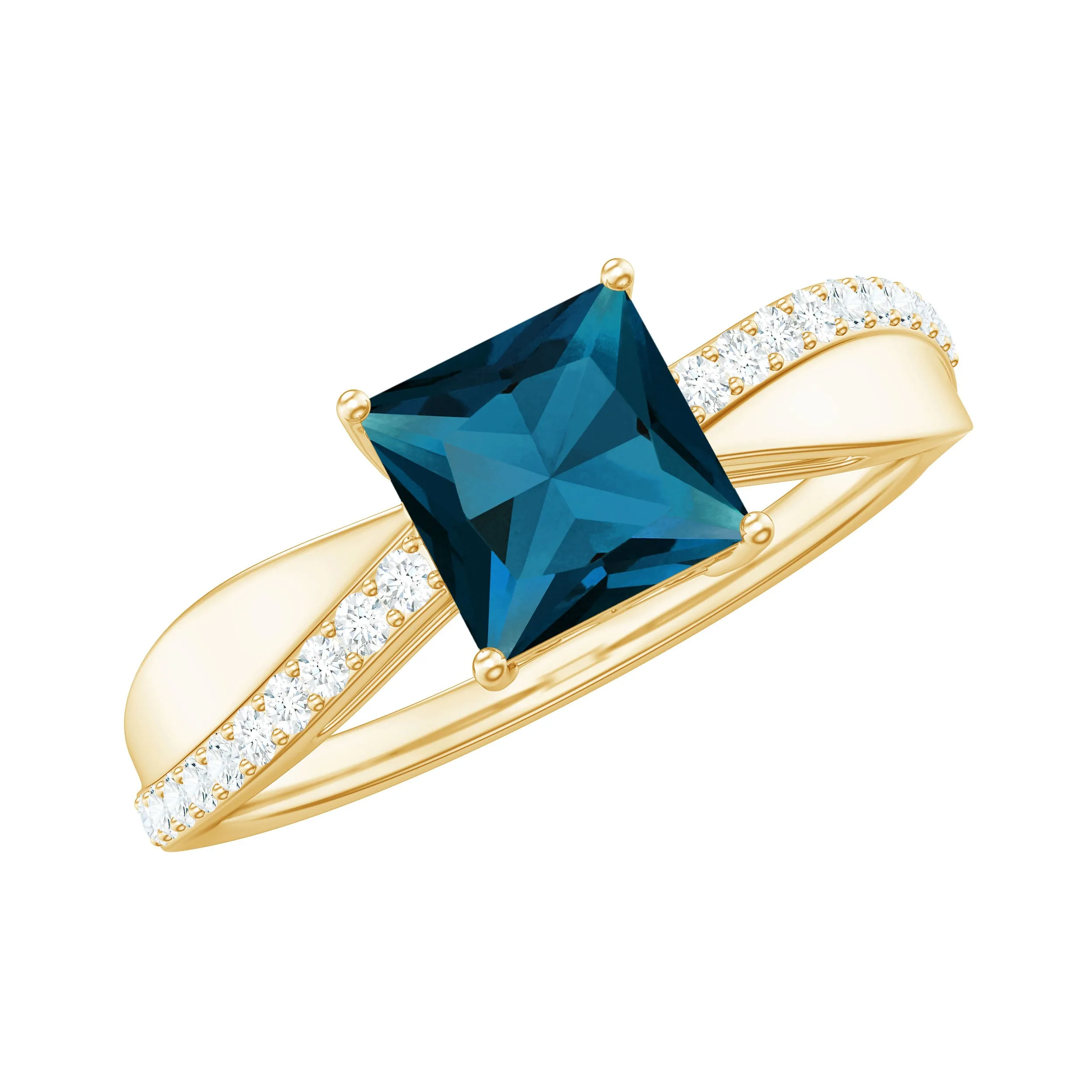 Princess Cut Real London Blue Topaz Solitaire Engagement Ring with Diamond