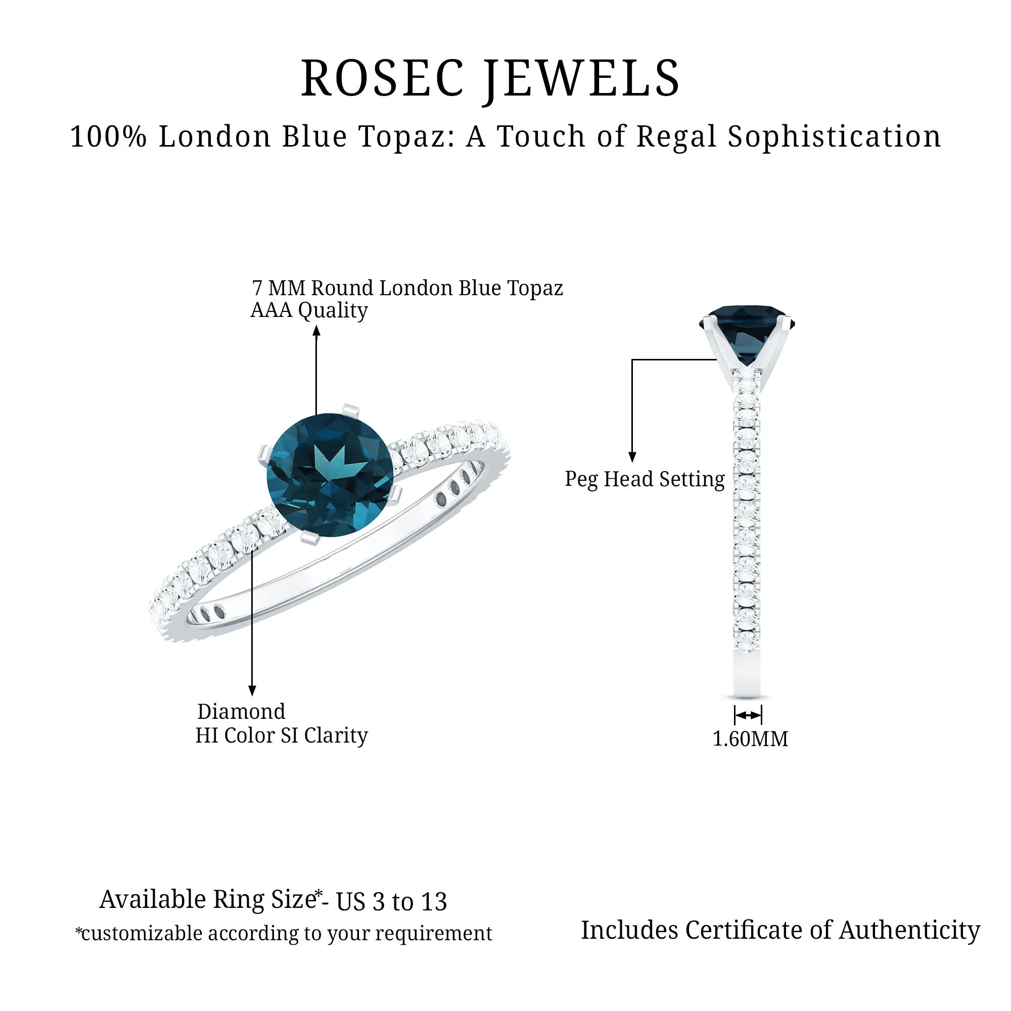 Real London Blue Topaz Solitaire Ring with Diamond Side Stones