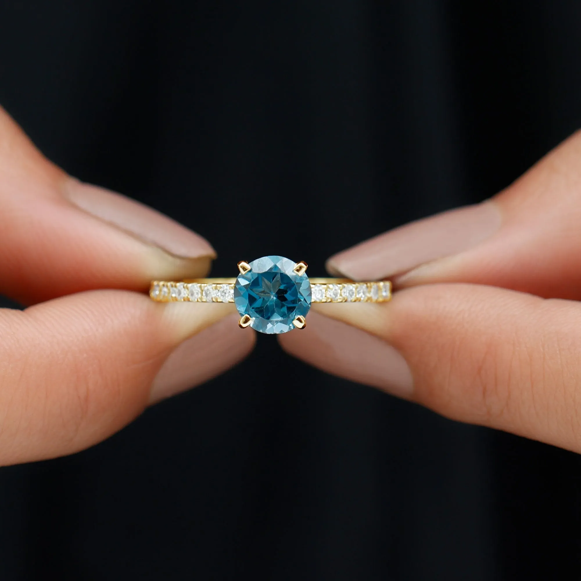 Real London Blue Topaz Solitaire Ring with Diamond Side Stones