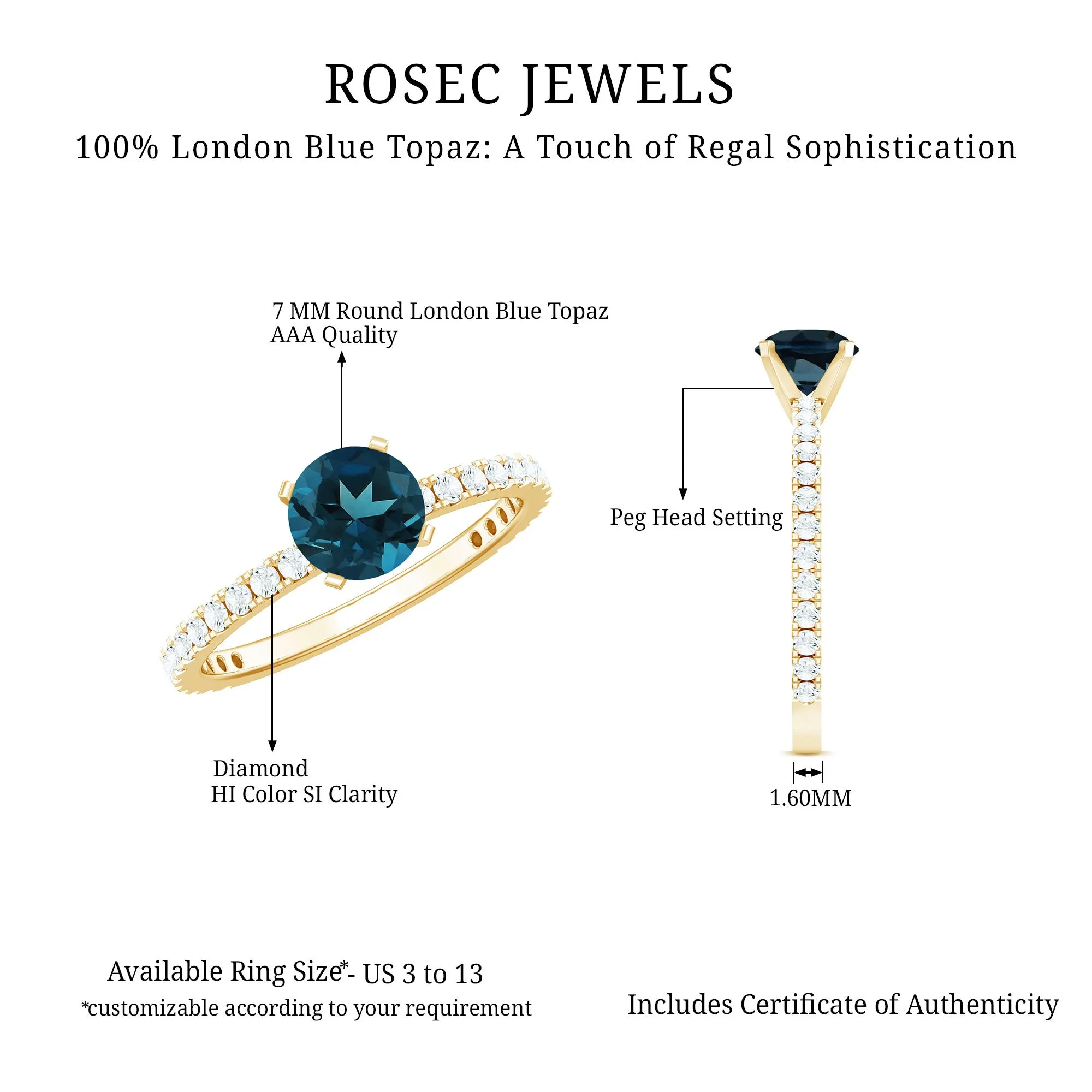 Real London Blue Topaz Solitaire Ring with Diamond Side Stones