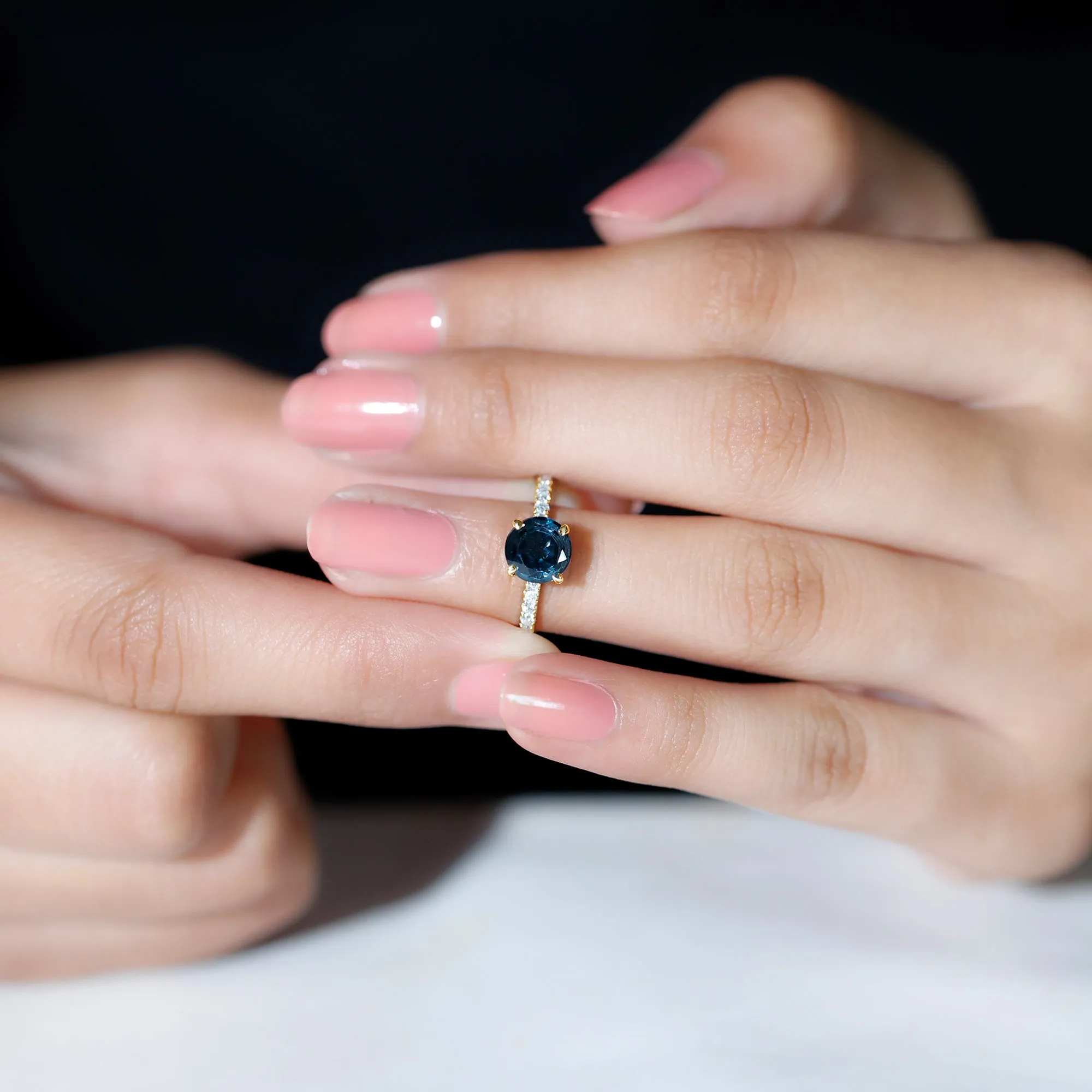 Real London Blue Topaz Solitaire Ring with Diamond Side Stones