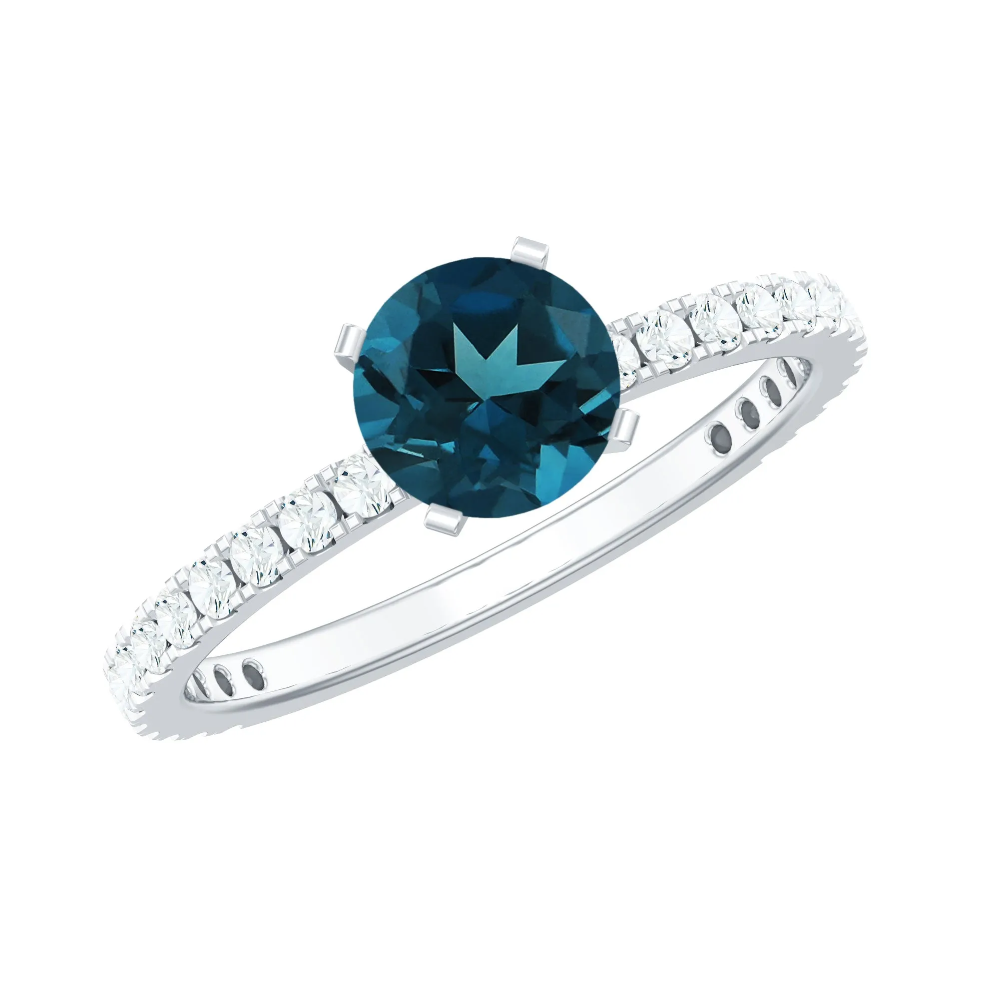 Real London Blue Topaz Solitaire Ring with Diamond Side Stones