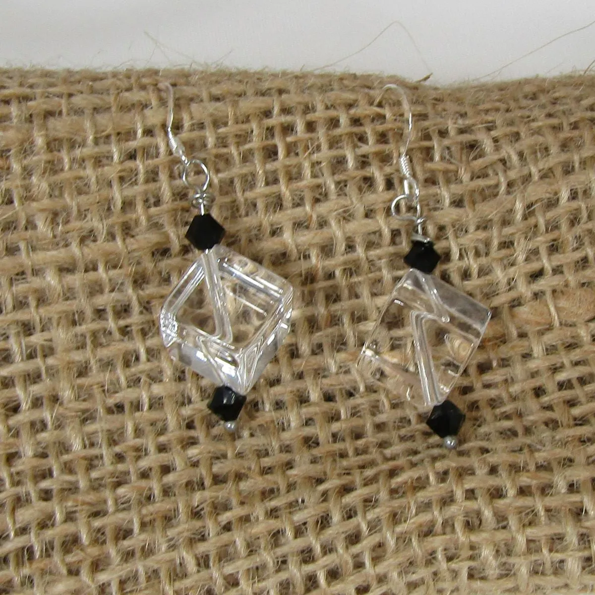 Rock Crystal Quartz Cube & Onyx Earrings Silver Ear Wires