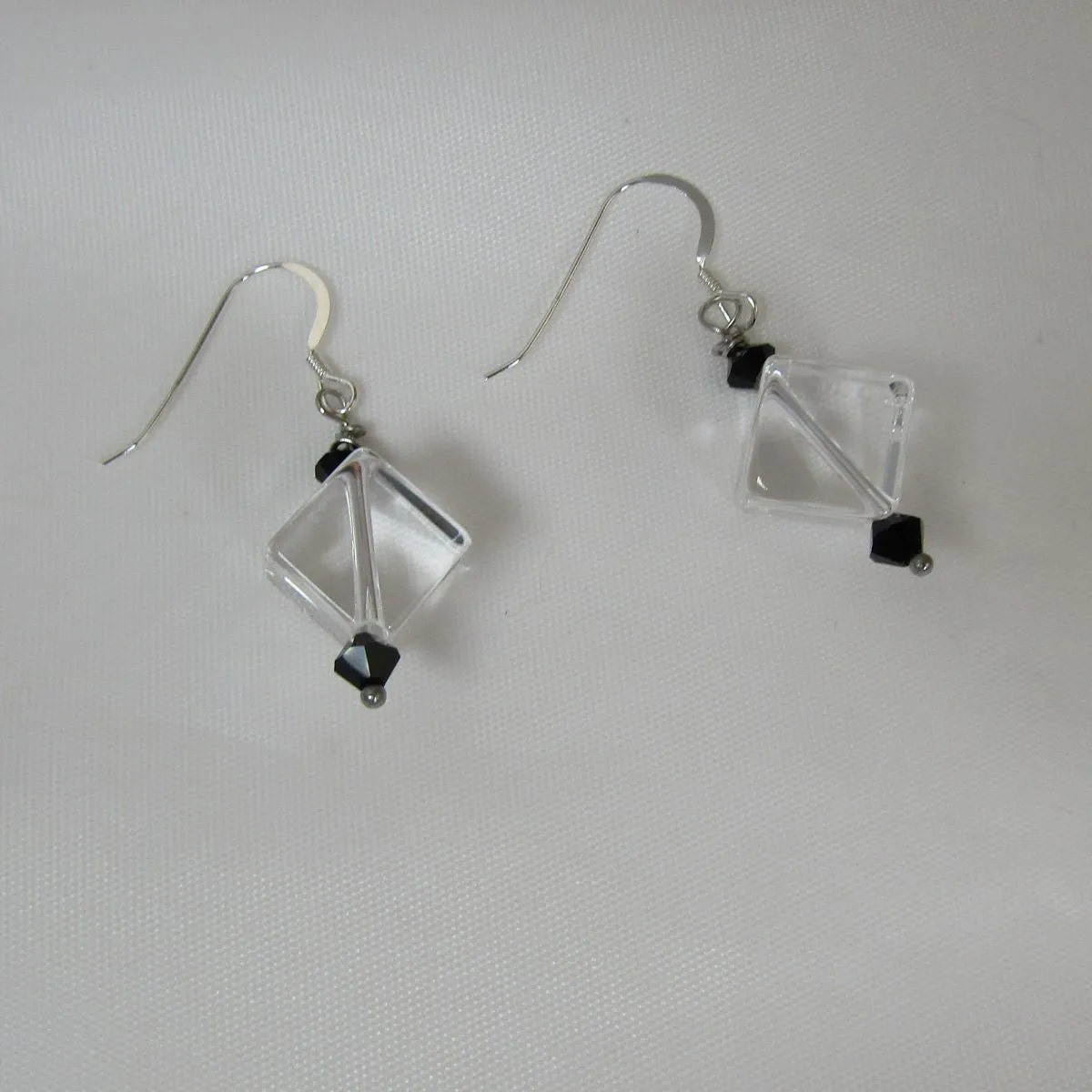 Rock Crystal Quartz Cube & Onyx Earrings Silver Ear Wires