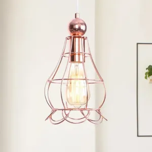 Rose Gold Caged Pendant Lamp - Loft Style Hanging Light with Adjustable Cord