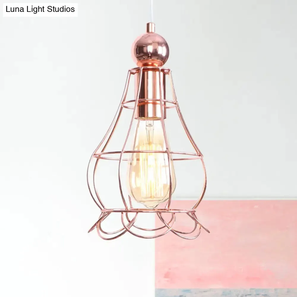 Rose Gold Caged Pendant Lamp - Loft Style Hanging Light with Adjustable Cord