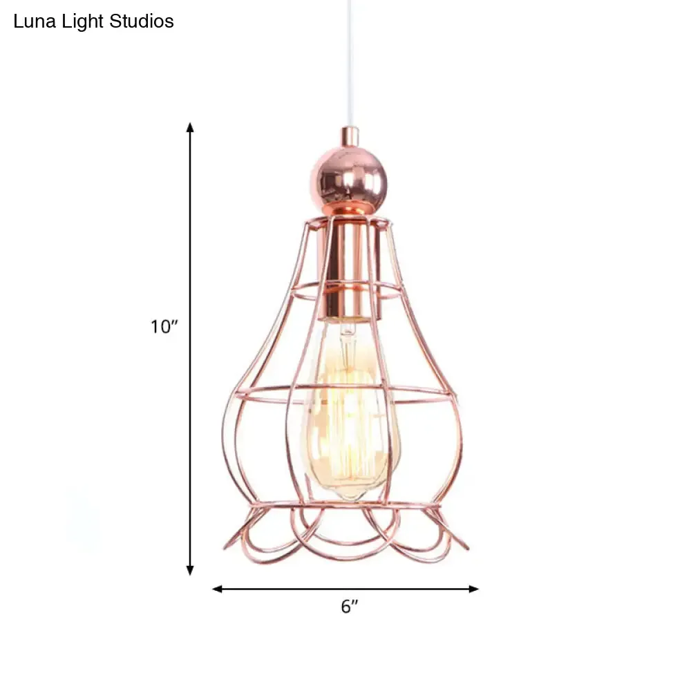 Rose Gold Caged Pendant Lamp - Loft Style Hanging Light with Adjustable Cord