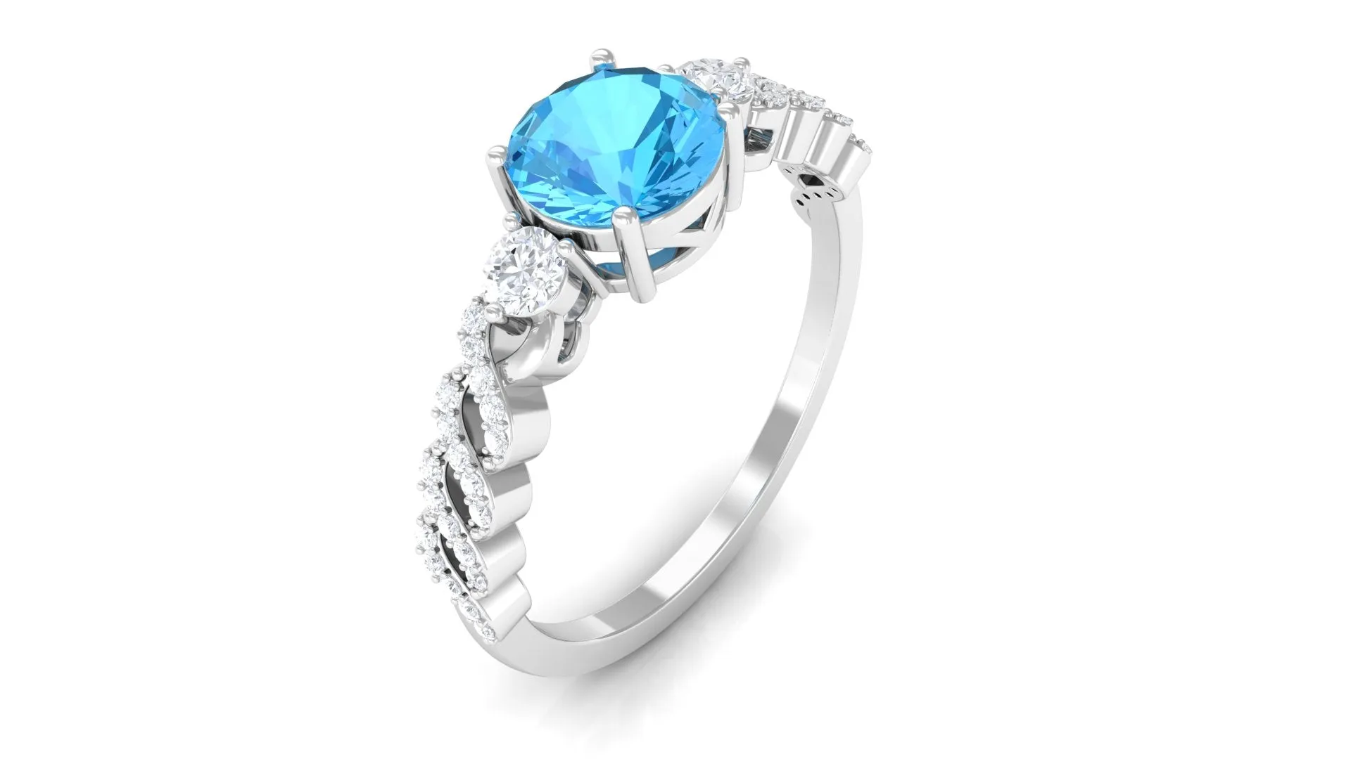 Round Shape Swiss Blue Topaz Designer Engagement Ring with Diamond Side Stones