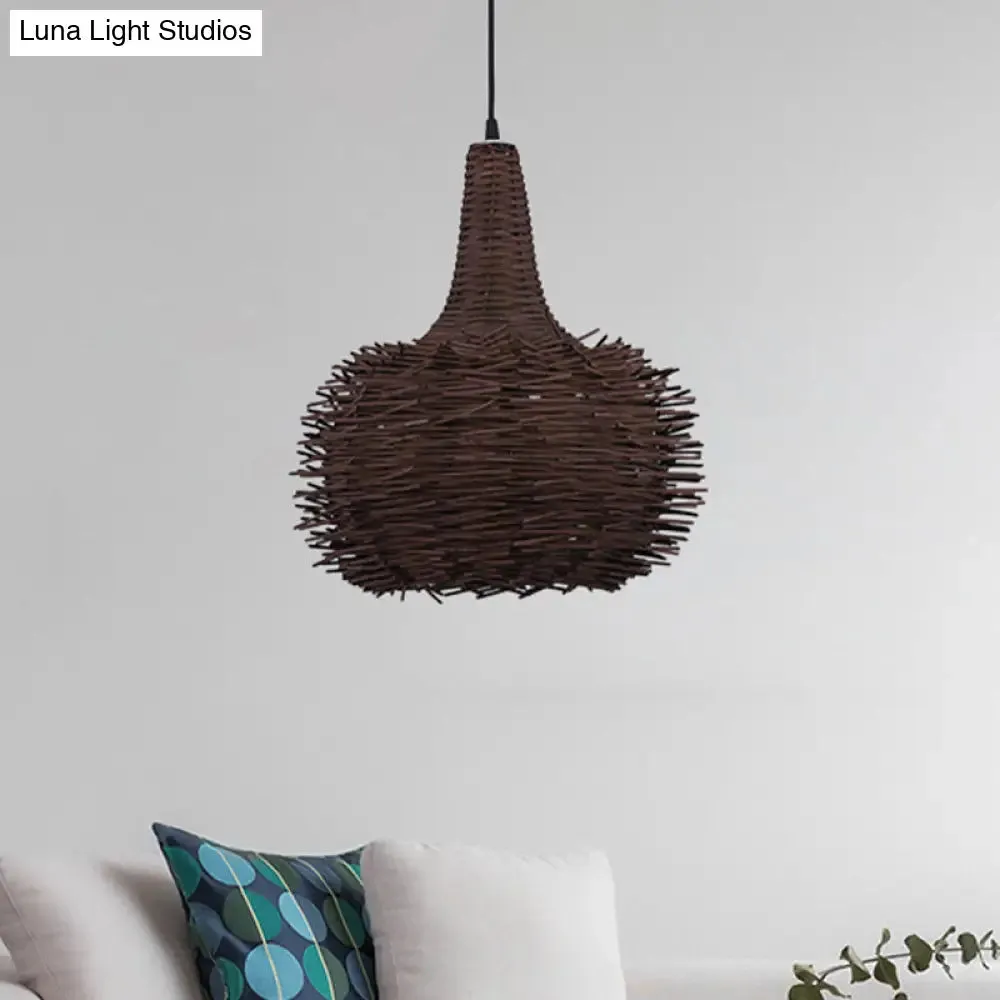 Rustic Brown Bird Nest Pendant Light with Bamboo Suspension for Living Room and Tea House