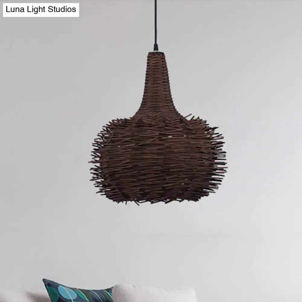 Rustic Brown Bird Nest Pendant Light with Bamboo Suspension for Living Room and Tea House