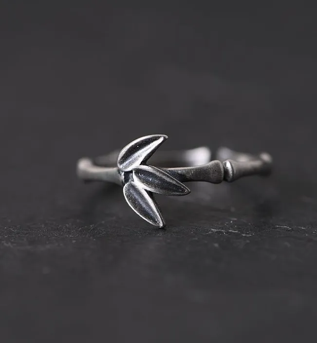 S925 Silver Vintage Bamboo Leaf Adjustable Ring  0034