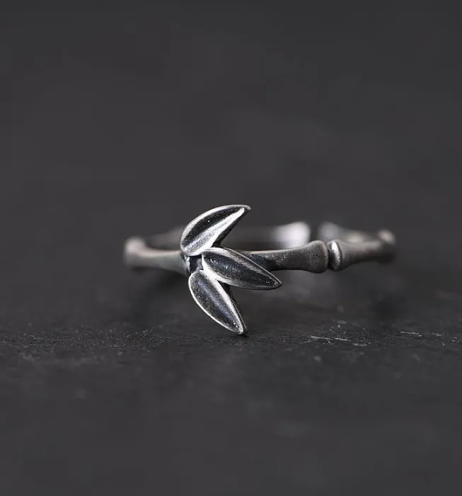 S925 Silver Vintage Bamboo Leaf Adjustable Ring  0034