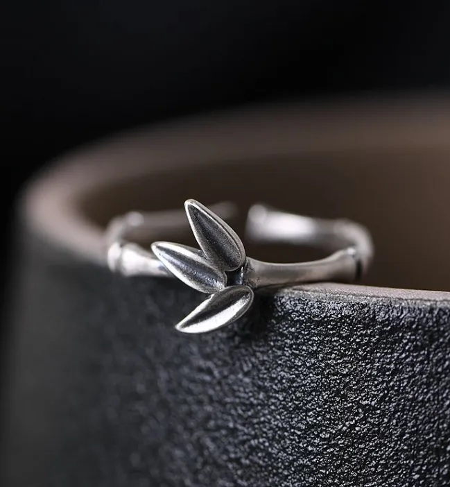 S925 Silver Vintage Bamboo Leaf Adjustable Ring  0034