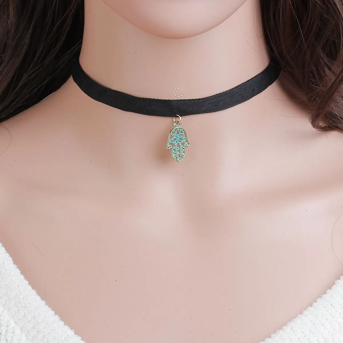 Sexy Sparkles Velvet Hamsa Hand Choker Necklace for Women Girls Gothic Choker Bolo Tie