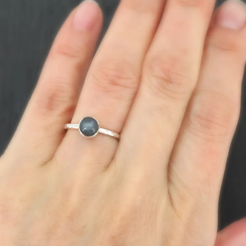 Silver Black Moonstone Hammered Stack Ring