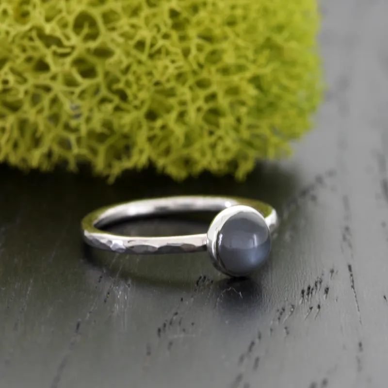 Silver Black Moonstone Hammered Stack Ring