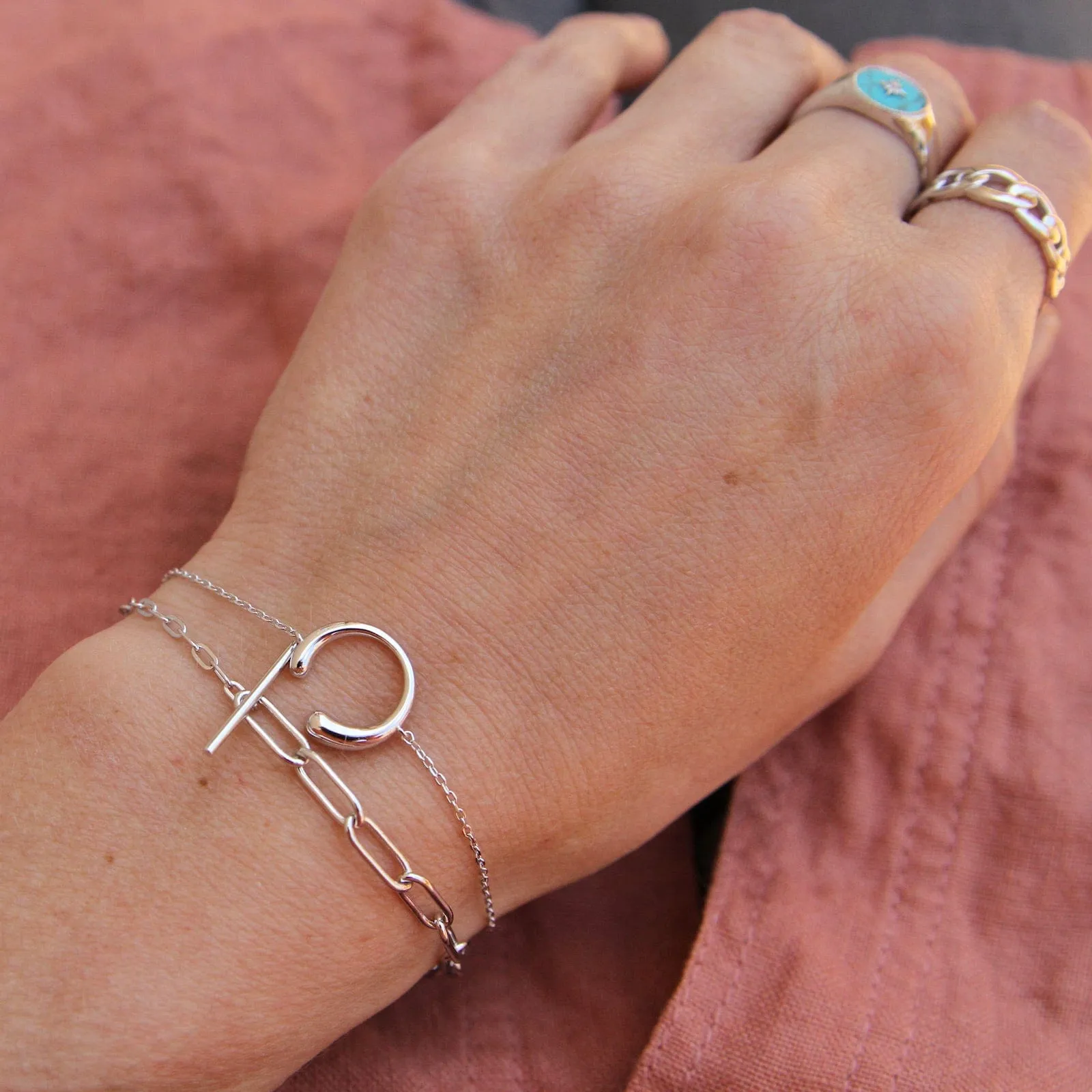 Silver Mixed Link T-bar Bracelet