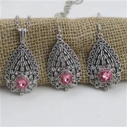 Silver Teardrop with Pink Crystal Pendant Necklace & Earrings