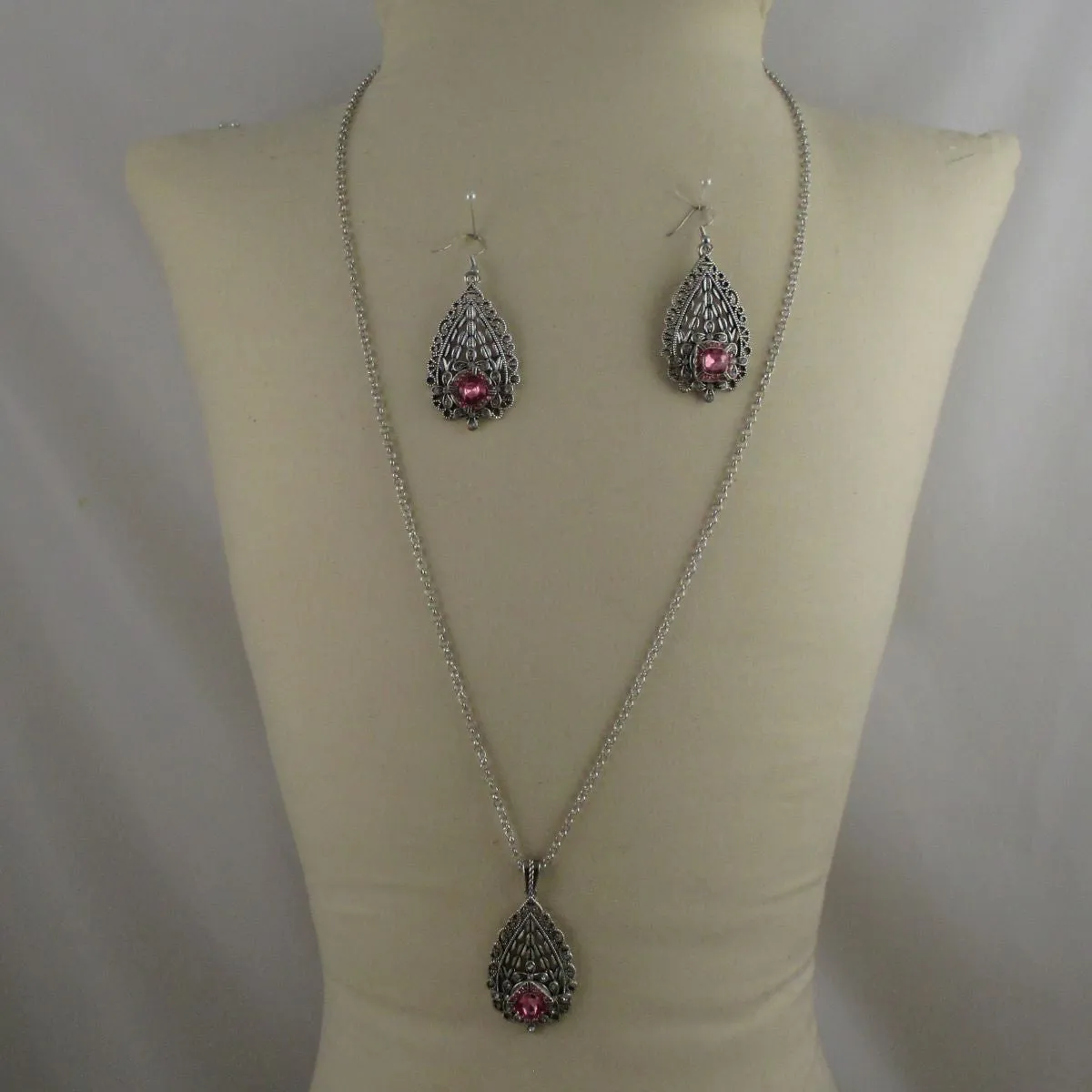 Silver Teardrop with Pink Crystal Pendant Necklace & Earrings