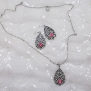 Silver Teardrop with Pink Crystal Pendant Necklace & Earrings