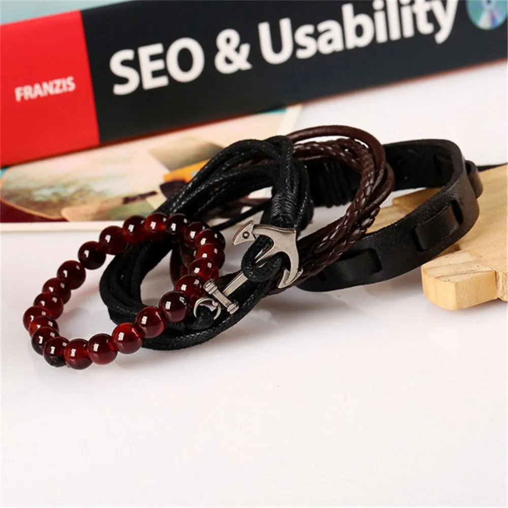 Simple Vintage Braided Anchor Leather Bracelet Set