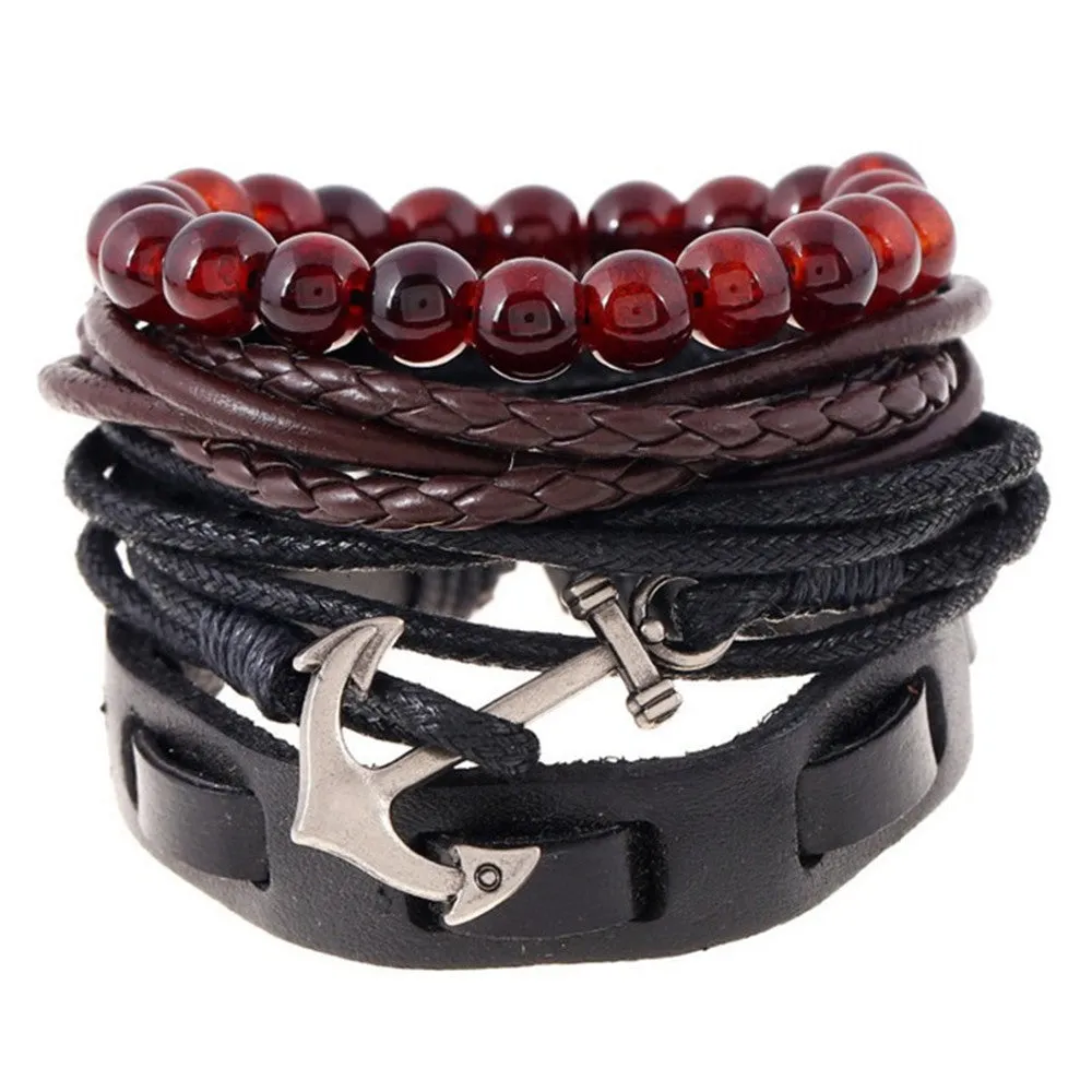 Simple Vintage Braided Anchor Leather Bracelet Set