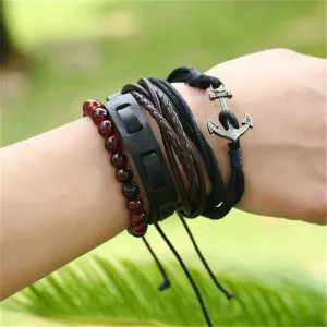 Simple Vintage Braided Anchor Leather Bracelet Set