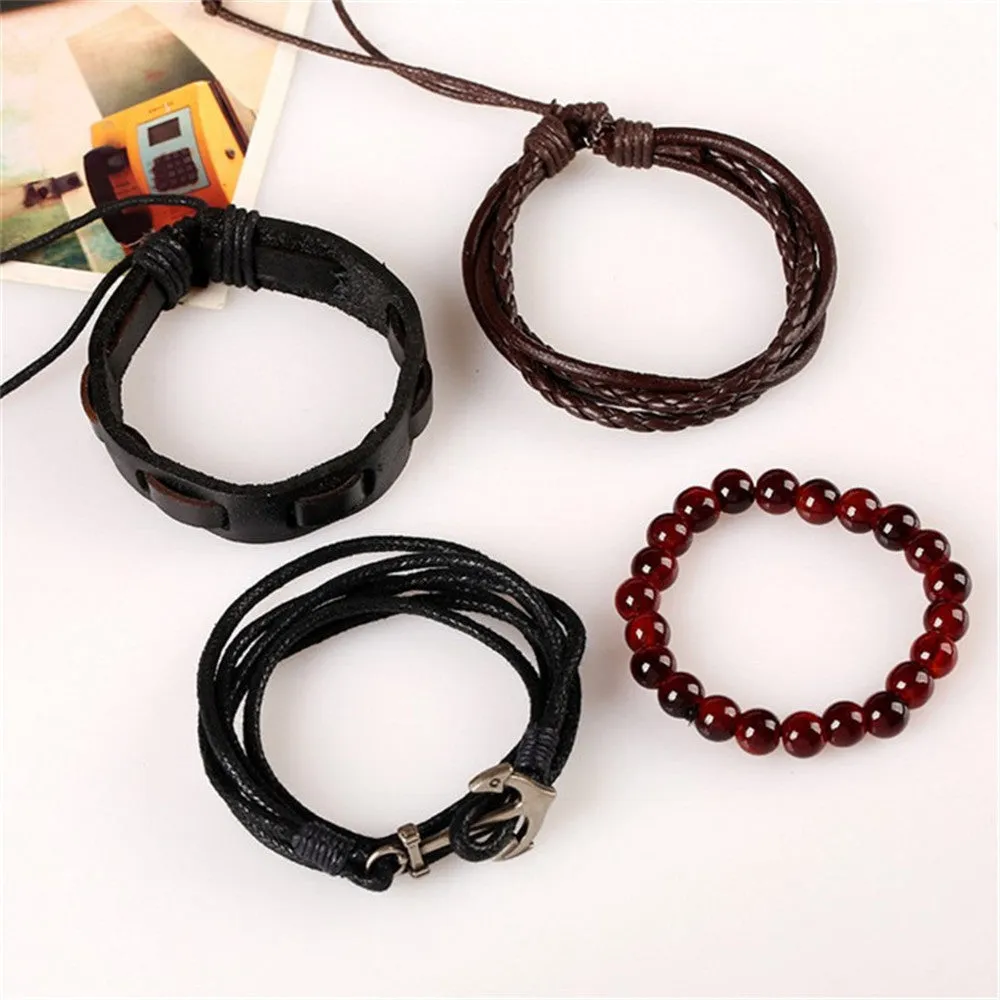 Simple Vintage Braided Anchor Leather Bracelet Set