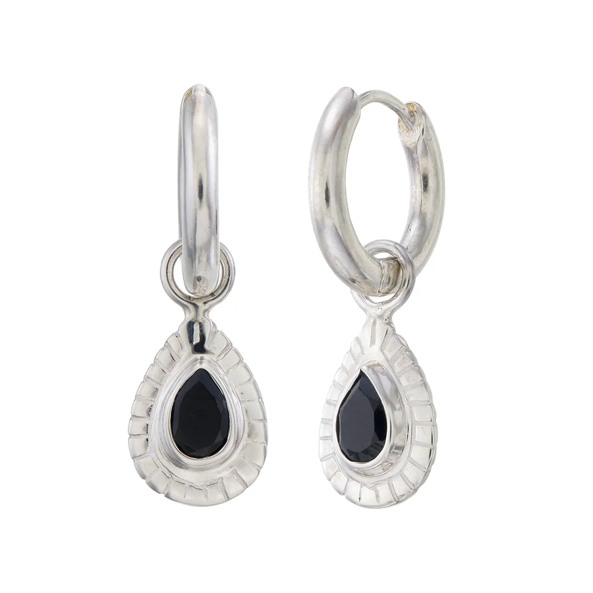 SMALL TEARDROP HOOPS - BLACK ONYX - SILVER