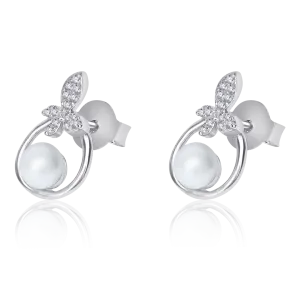 Sparkling Butterfly Dreams: OLLUU Silver Engraved Earrings | Sterling Silver, Cubic Zirconia, Freshwater Pearl