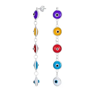 Spiritual Protection Evil Eye Dangle Earrings Multi-Color Sterling Silver 2.5"