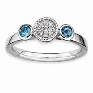 Sterling Silver Db Round BlueTopaz & Diamond Ring