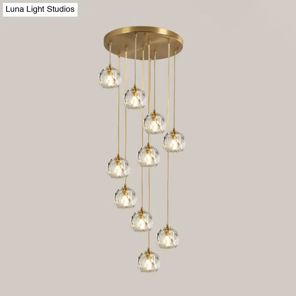 Stylish Modern Brass Ceiling Hang Light with Faceted K9 Crystal Cluster Ball Pendant for Living Room