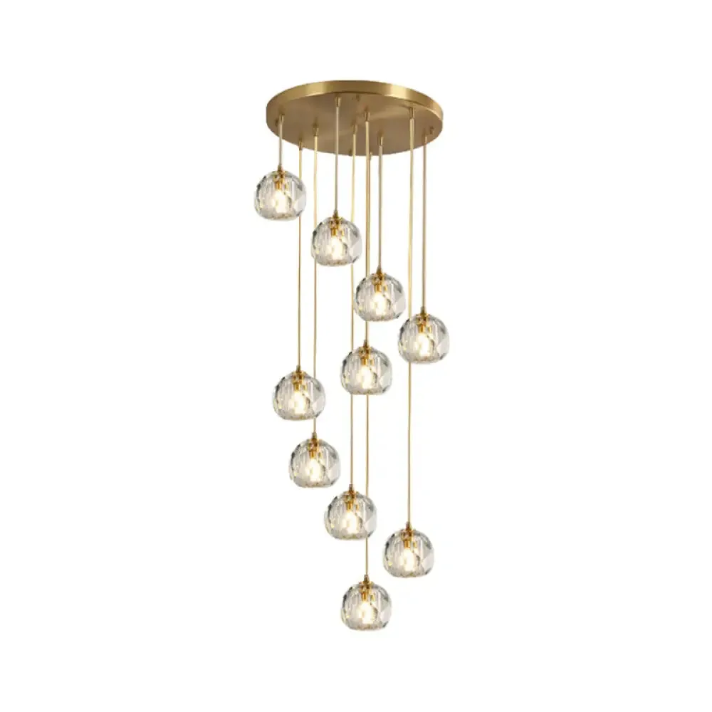 Stylish Modern Brass Ceiling Hang Light with Faceted K9 Crystal Cluster Ball Pendant for Living Room