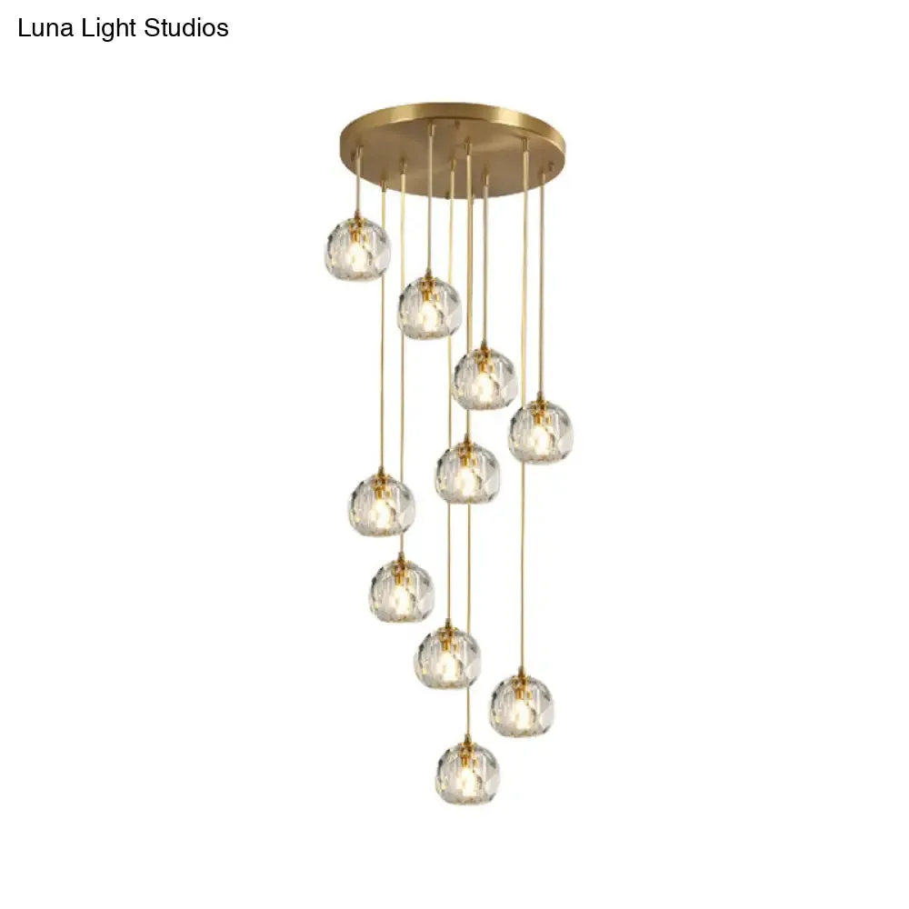 Stylish Modern Brass Ceiling Hang Light with Faceted K9 Crystal Cluster Ball Pendant for Living Room